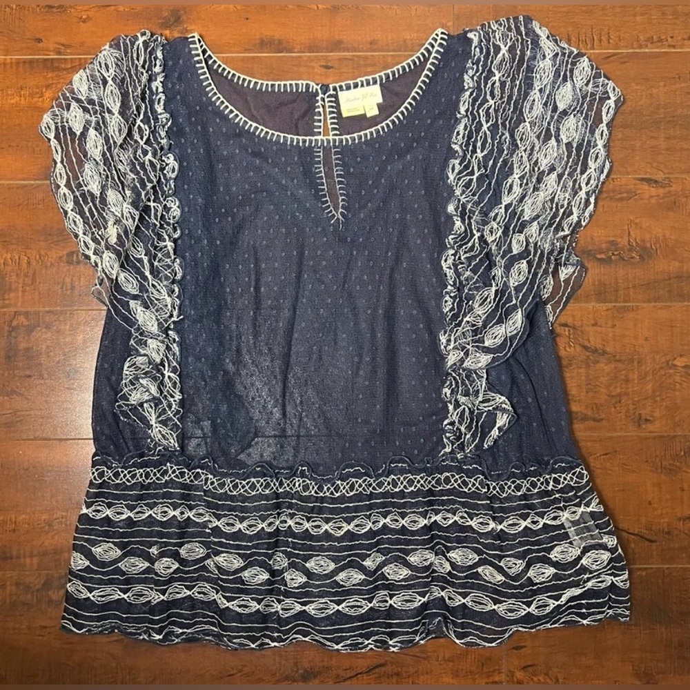 ANTHROPOLOGY Meadow Rue Sloane Navy Sheer Dotted Mesh Blouse Size Large Petite